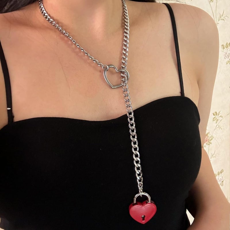 MIFYNN Heart O ring Slip Chain Necklaces for Women Stainless Steel Cuban Chain Bar Necklace Punk Rock Collar Necklace Handmade Adjustable Lariat Y Necklaces for Men - Image 3